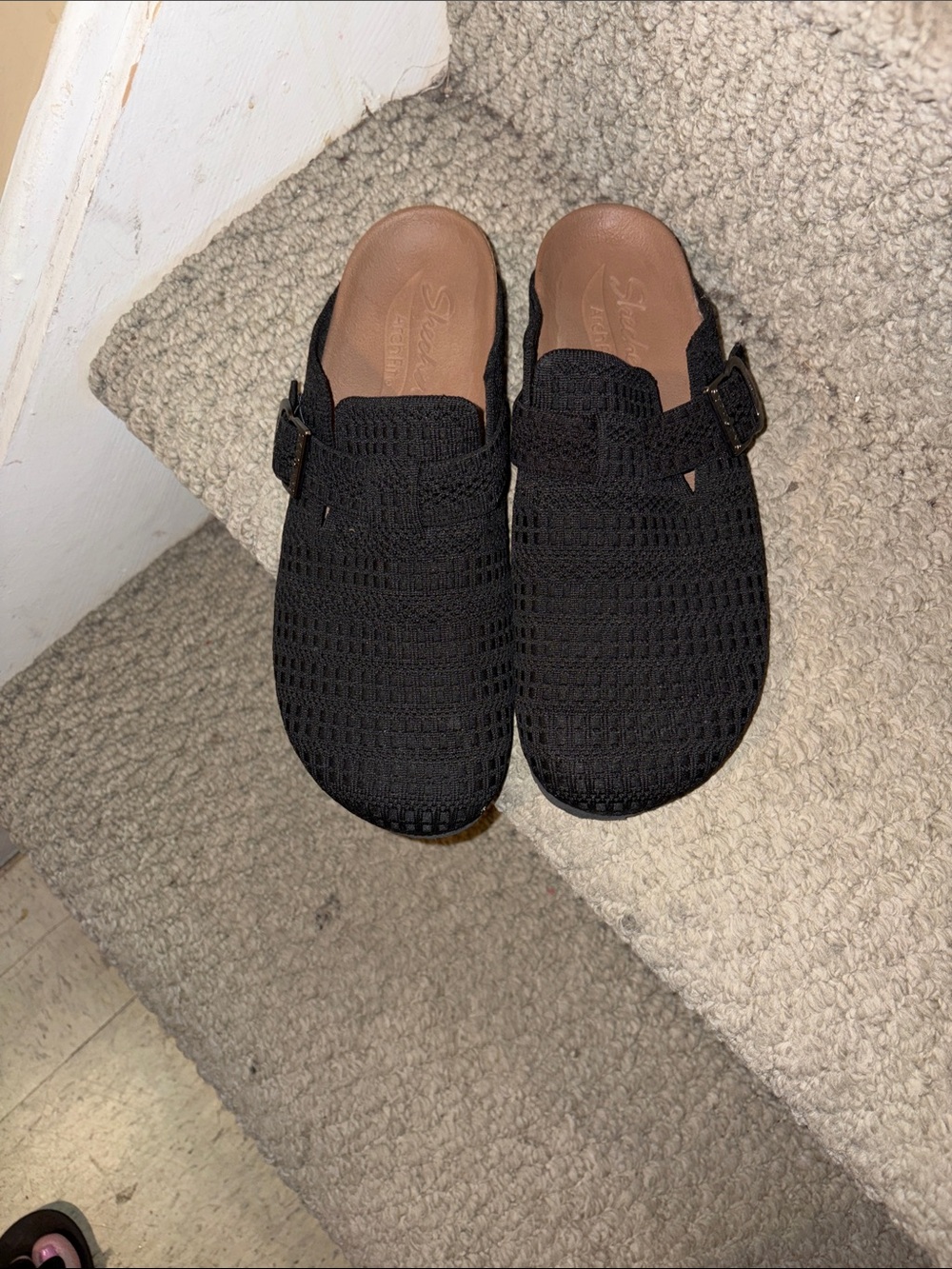 Skechers Arch Fit Black Knit Slip-On with Tan Footbed